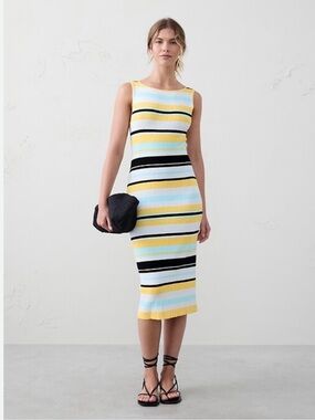 Banana Republic XS Ribbed Stripe Midi Sweater Dress Coastal Chic Resort Core